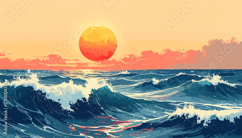 Ocean sunset with crashing waves and vibrant sky