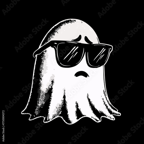 Cool and melancholic cartoon ghost wearing stylish sunglasses, floating with a subtle sad expression. Spooky yet charming illustration.