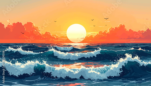 Sunset over ocean waves with seagulls flying