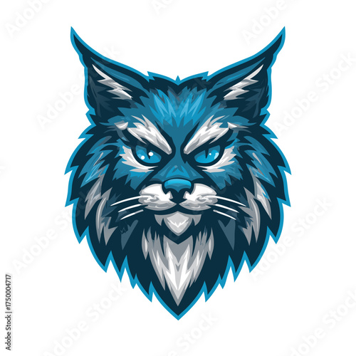 Fierce Wild Cat Head Mascot Illustration with Bright Blue Eyes and Furry Detail. Aggressive Feline Face Design.