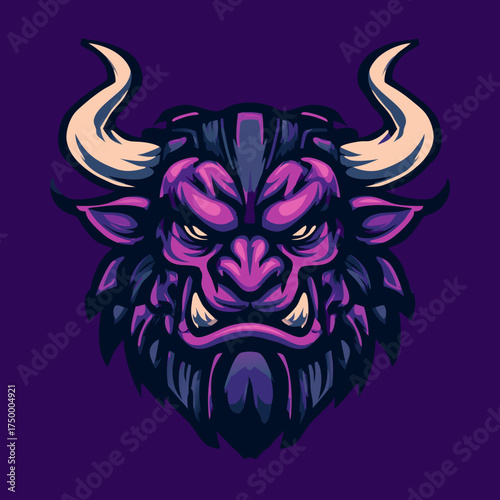 Fierce Purple Monster Head Illustration. Powerful Mythical Creature Vector Graphic Art for Gaming, Esport or Mascot Logo Design.