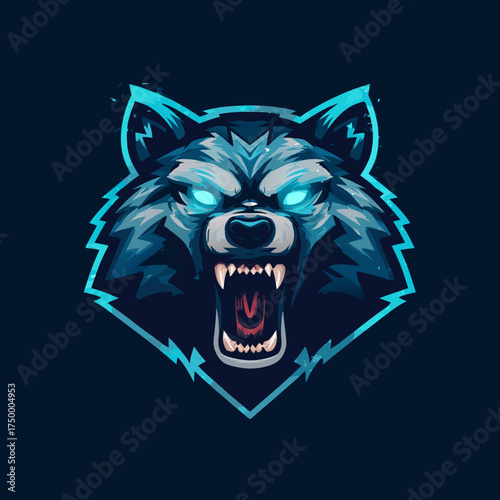 Fierce predatory wolf head mascot logo with glowing blue eyes, snarling expression, wild animal emblem for esports or gaming design.