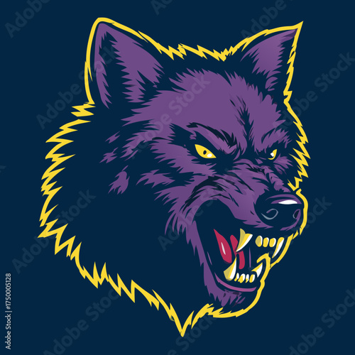 Fierce purple wolf head mascot snarling with bared fangs and glowing yellow eyes. Aggressive wild animal vector illustration.