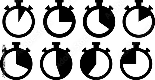 Eight stopwatches showing different time intervals