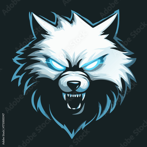 Aggressive White Wolf Head Illustration with Glowing Blue Eyes. Fierce Wild Animal Mascot for Gaming, Esports, or Team Identity.