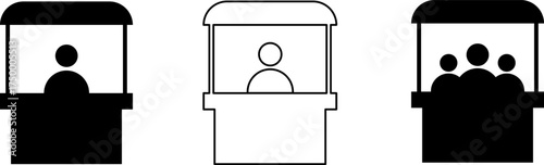 Three stylized kiosks with silhouetted figures inside