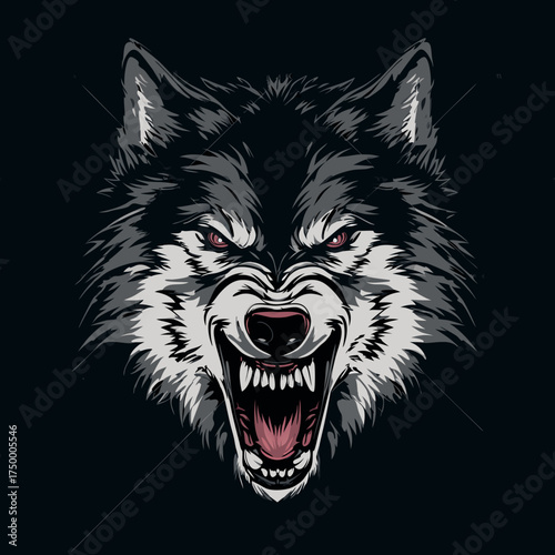 Aggressive growling wolf head vector illustration with bared fangs and piercing red eyes on a dark background, wild animal predator