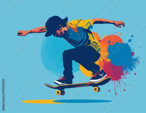 Skateboarder mid-air action splash art style