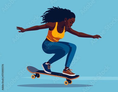 Black woman skateboarding on blue background
