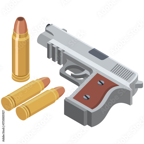 Isometric Handgun with Bullets Icon
