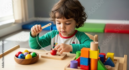 Young child playing with educational toys developing fine motor skills