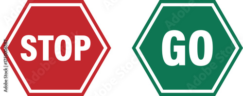 Red stop sign and green go sign side by side