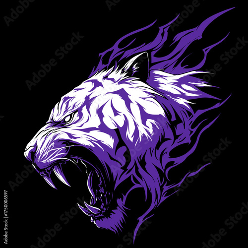 Fierce purple and white roaring tiger head illustration with fiery elements on a dark background. Powerful wild animal mascot graphic.