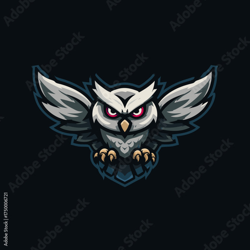 Fierce white owl mascot illustration with spread wings and intense red eyes. Dynamic esport gaming logo design on a dark background.