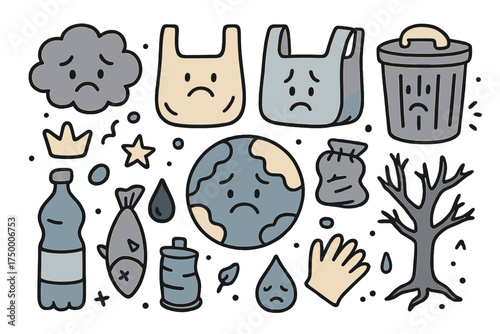 Pollution Doodle Icons. Pollution doodle icon set: hand drawn icons of sad earth, smoke cloud, trash bin, bag, can, fish, dead
