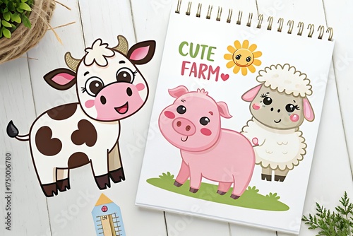 Adorable cartoon farm animals on a sketchpad with a cute cow