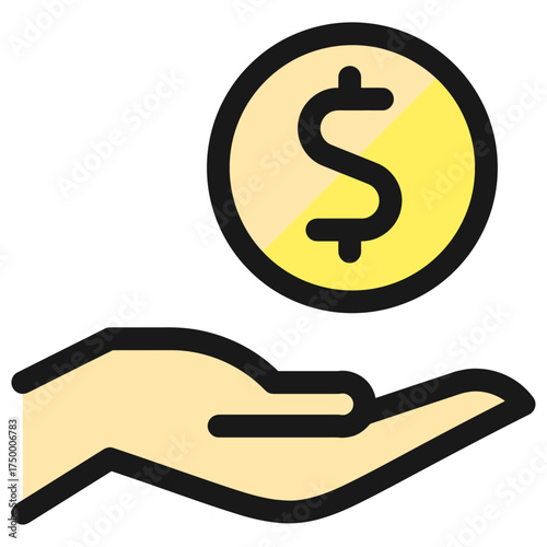 A stylized graphic icon of an open hand receiving a gold coin with a dollar symbol.