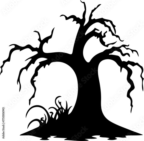Scary Evil Dead Tree Silhouette. Halloween Simple Black and White Vector illustration of Haunted Tree, Halloween Clip Art Design Element