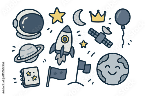Astronaut Doodle Icons. Astronaut profession doodle icon set: hand drawn icons of helmet, rocket, planet, star, moon, satellite,