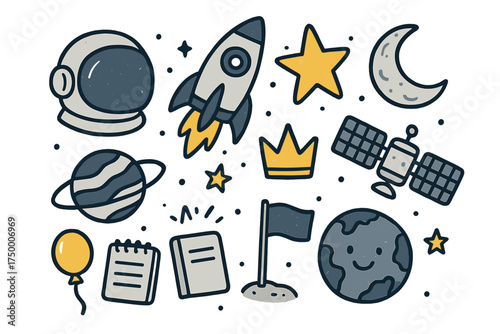 Astronaut Doodle Icons. Astronaut profession doodle icon set: hand drawn icons of helmet, rocket, planet, star, moon, satellite,