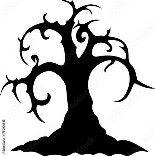 Scary Evil Dead Tree Silhouette. Halloween Simple Black and White Vector illustration of Haunted Tree, Halloween Clip Art Design Element