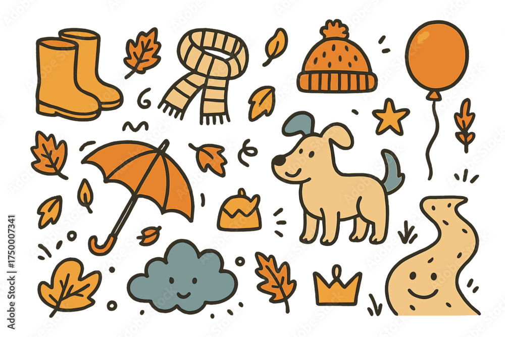 Naklejka premium Autumn Doodle Icons. Autumn walk doodle icon set: hand drawn icons of boots, umbrella, falling leaves, scarf, hat, crown, star,