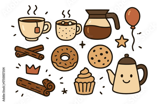 Hot Drink Doodle Icons. Hot drinks doodle icon set: hand drawn icons of tea cup, cocoa cup, coffee pot, cinnamon, donut, cookie,