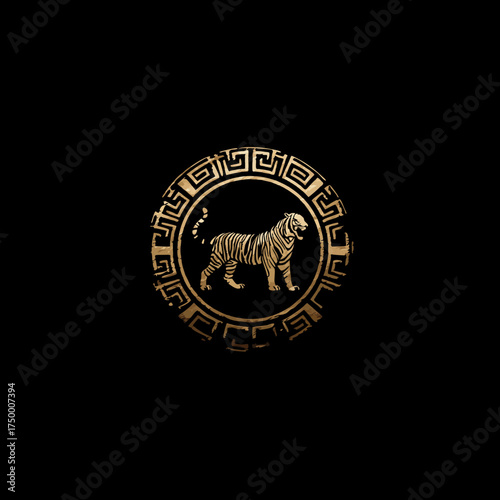 Majestic golden tiger illustration within a circular Greek key pattern frame on a dark black background, elegant wild animal emblem.