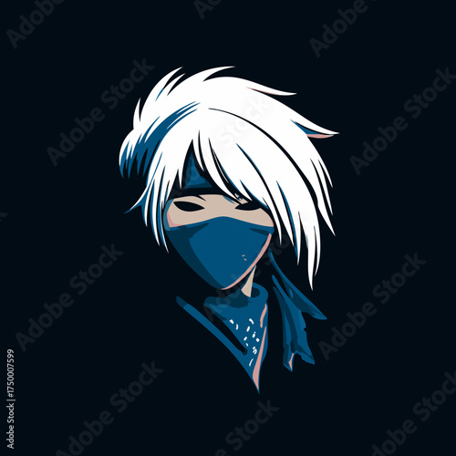 Anime style vector illustration of a mysterious masked character with white hair and a blue bandana, gaming avatar.