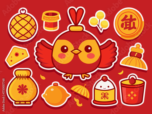 Cute Chinese New Year Sticker Set with Bird and Traditional Food Items