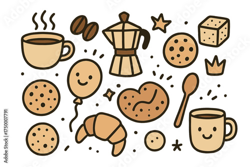 Coffee Icon Doodles. Coffee doodle icon set: hand drawn icons of coffee cup, beans, pot, sugar cube, cookie, crown, star, balloon,