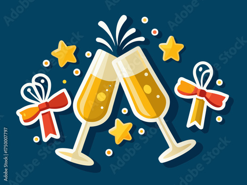 Celebratory Toast with Champagne Glasses Stars and Festive Bows on a Dark Blue Background