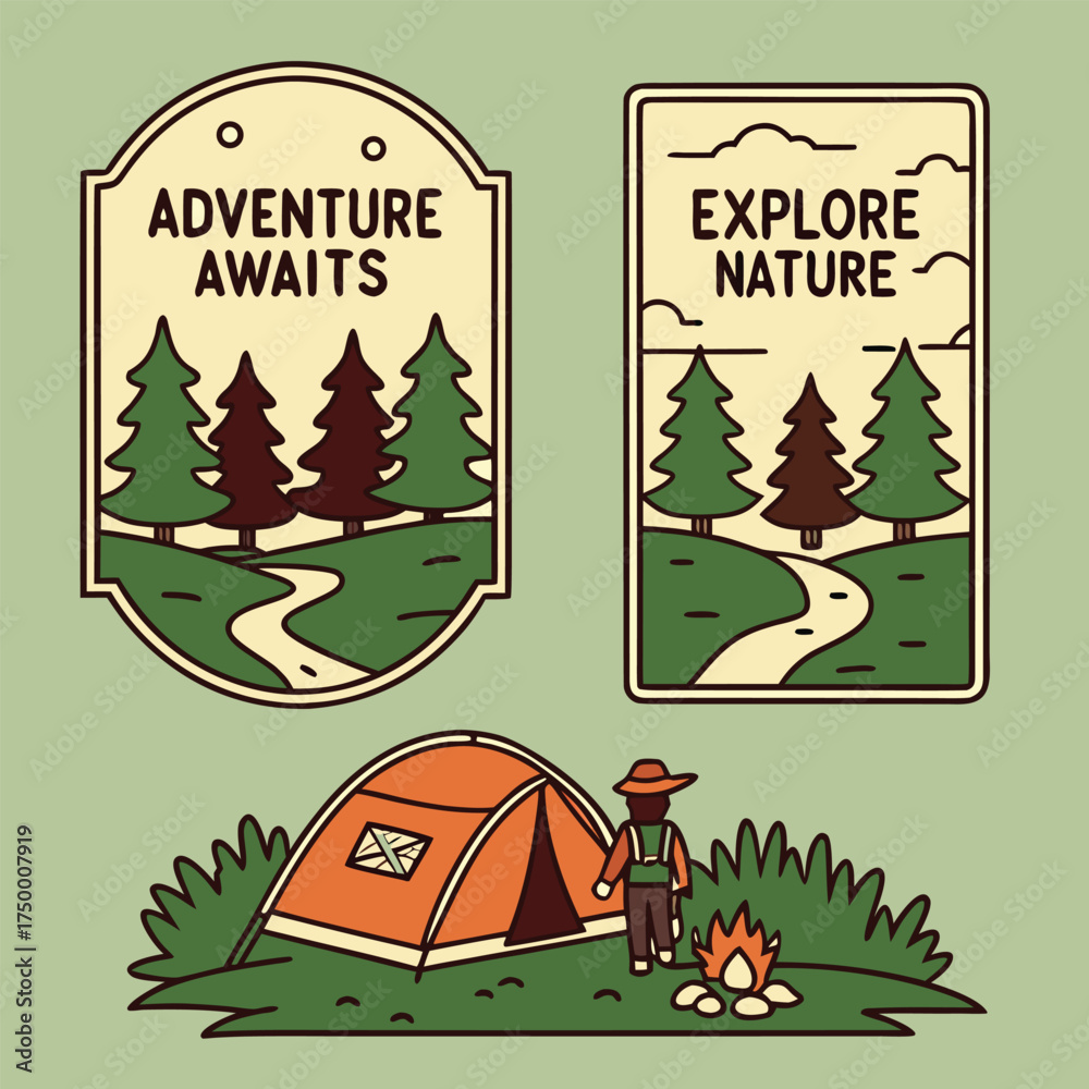 Obraz premium Outdoor adventure badge set featuring camping quotes and forest illustrations. Perfect for t-shirt designs, stickers, travel gear, or hiking-themed merchandise.