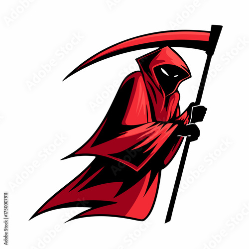 Mysterious hooded figure in flowing red cloak holding a large scythe, a striking death personification vector illustration.