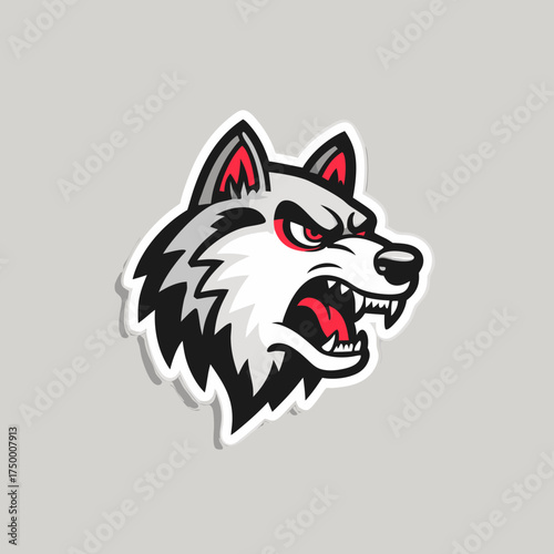 Fierce gray wolf head vector illustration. Aggressive animal mascot with bared fangs and red eyes, ideal for sports teams or branding.
