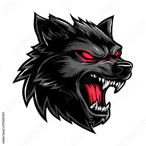 Fierce black wolf head illustration with snarling mouth and glowing red eyes, aggressive predator animal vector art