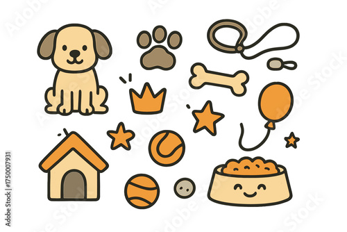 Dog Doodle Icons. Dogs doodle icon set: hand drawn icons of puppy, paw print, bone, leash, crown, star, balloon, ball, kennel, and