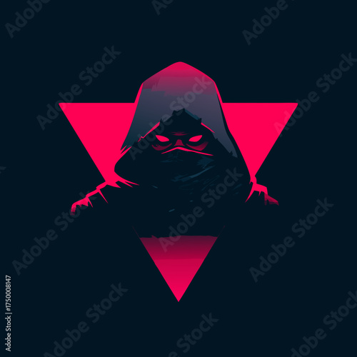 Mysterious hooded figure with glowing red eyes and dark cloak, digital art against vibrant red triangles on a dark background.