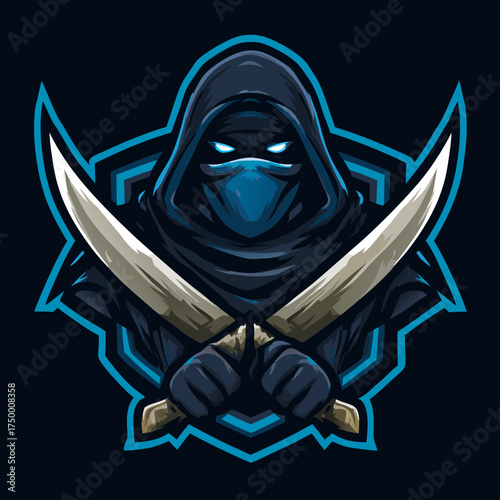 Mysterious Hooded Ninja Assassin Esports Logo with Crossed Swords and Glowing Blue Eyes, Professional Gaming Team Mascot