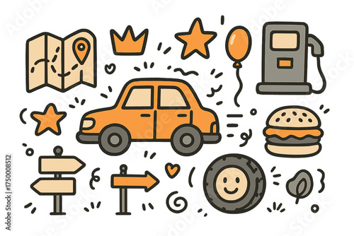 Road Trip Icons. Road trip doodle icon set: hand drawn icons of car, map, crown, star, balloon, gas pump, burger, signpost, and