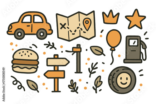 Road Trip Icons. Road trip doodle icon set: hand drawn icons of car, map, crown, star, balloon, gas pump, burger, signpost, and