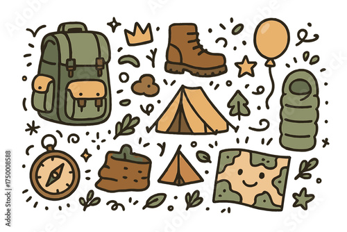Backpacking Doodle Set. Backpacking doodle icon set: hand drawn icons of large backpack, boots, crown, star, balloon, sleeping bag
