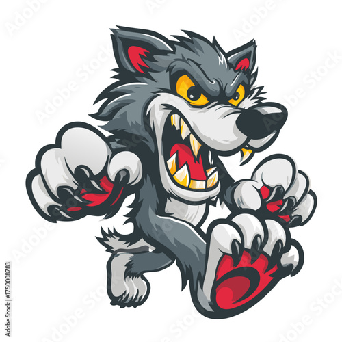 Energetic cartoon wolf mascot with sharp teeth and claws, snarling and running aggressively, dynamic animal illustration vector