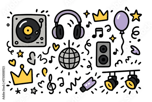 DJ Party Doodle Icons. DJ party doodle icon set: hand drawn icons of turntable with smile, headphones, crown, star, balloon, disco