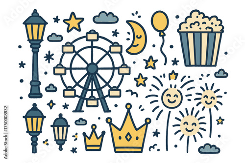 Night Park Doodle Icons. Night park doodle icon set: hand drawn icons of lanterns, ferris wheel, crown, star, balloon, popcorn,