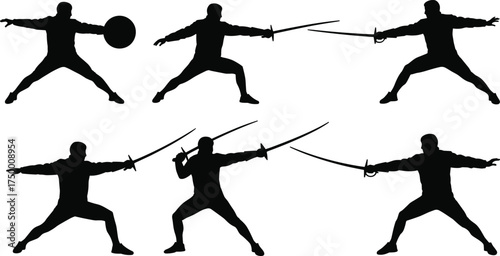 Fencing silhouettes, sword fighting poses, martial arts stances, combat training, shield defense, weapon technique, duel action, sport illustration