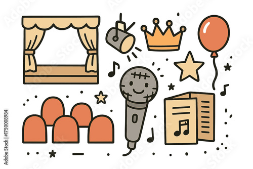 Concert Hall Icons. Concert hall doodle icon set: hand drawn icons of stage, spotlight, microphone with smile, crown, star,