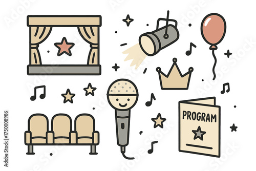 Concert Hall Icons. Concert hall doodle icon set: hand drawn icons of stage, spotlight, microphone with smile, crown, star,