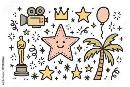 Hollywood Doodles. Hollywood doodle icon set: hand drawn icons of Walk of Fame star with smile, camera, crown, star, balloon,