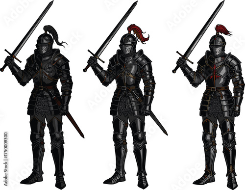 Armored knights, medieval warriors, sword fighters, plate armor, red plume, battle stance, knight illustration, historical combat, warrior design